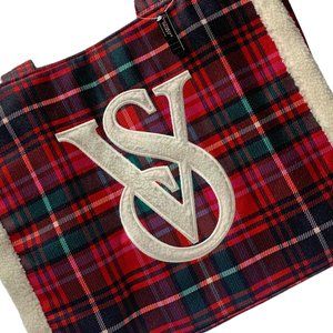 Victorias Secret Tartan Plaid Fleece Trim Monogrammed Holiday Themed Tote